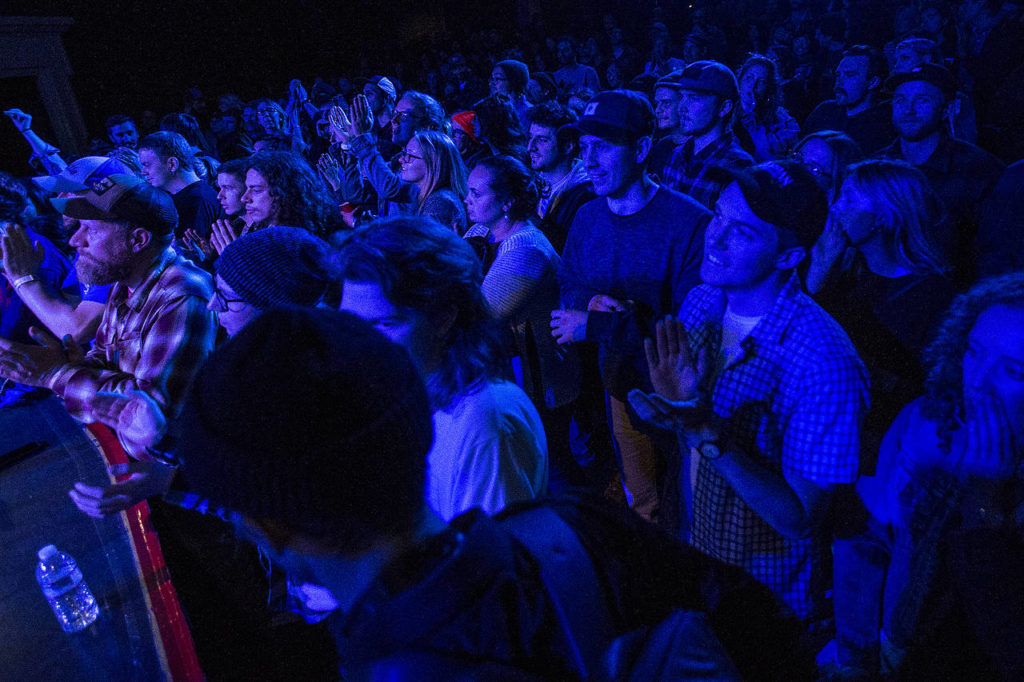 Crowds fill up the floor at the Historic Everett Theatre for a Kevin Morby show during the Fisherman’s Village Music Festival in downtown Everett on Saturday, March 31. (Ian Terry / The Herald)
