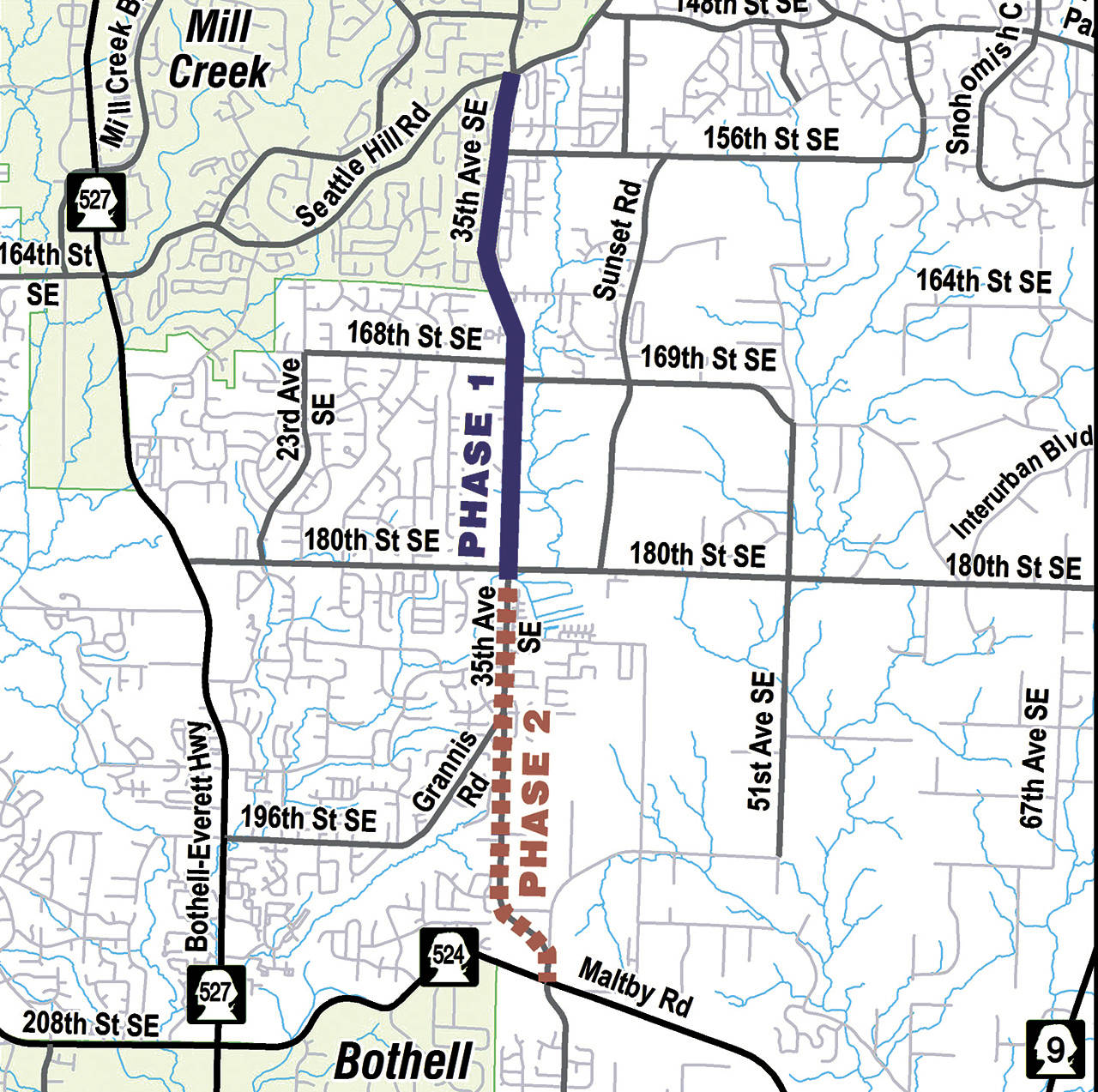 Snohomish County is planning to widen 35th Avenue SE between Seattle Hill Road and 180th Street SE. The work is planned over this year and next year. More widening on 35th Avenue to the south is expected in the years to follow. Mill Creek also is getting ready to fix a sinking section of the arterial in the coming months. (Snohomish County)