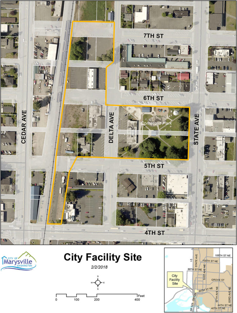 The city of Marysville hopes to build a new police station and jail as part of a civic campus in the next few years. The map shows some of the moving parts that could occur. (City of Marysville)
