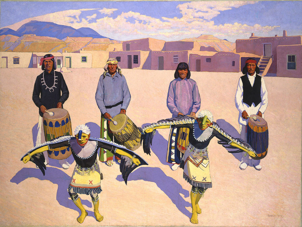 Louise Crow’s famous painting “Eagle Dance, San Ildefonso, 1919” is displayed at the Cascadia Art Museum in Edmonds. It is part of the “Travelogue” exhibit.
