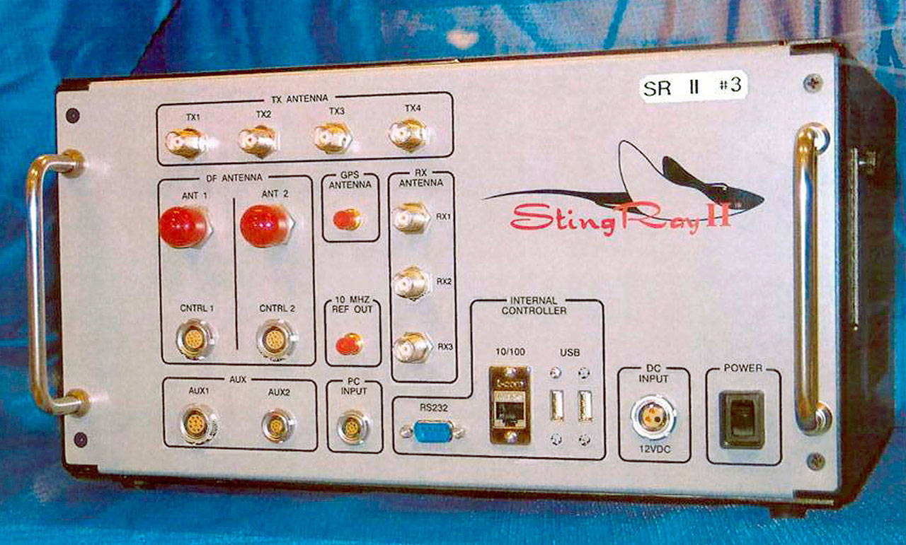 The StingRay II, a cellular site simulator used for surveillance purposes manufactured by Harris Corporation of Melbourne, Florida. The Department of Homeland Security says it has identified suspected rogue cell tower simulators in Washington, D.C. The suspected simulators were detected by a DHS contractor in early 2017 during a 90-day study. (U.S. Patent and Trademark Office via AP, File)