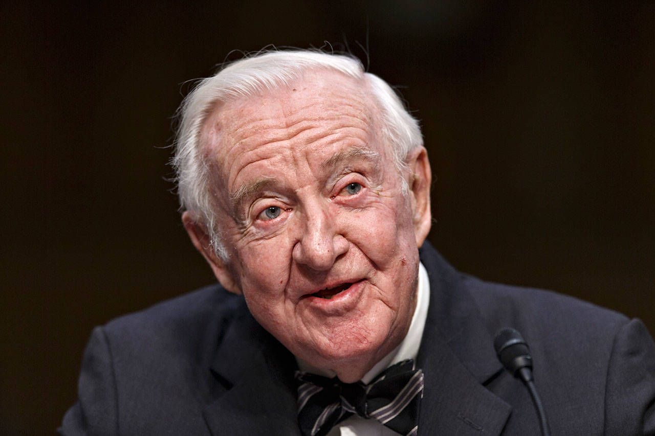Retired Supreme Court Justice John Paul Stevens, shown here testifying before the Senate Rules Committee on Capitol Hill in Washington, D.C. in 2014, has called for the repeal of the Second Amendment to allow for significant gun control legislation. The 97-year-old Stevens says in an essay on The New York Times website that repeal would weaken the National Rifle Association’s ability to “block constructive gun control legislation.” (Associated Press file photo)