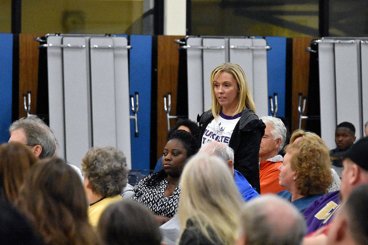 Kerrin Donnelson said her son survived a shooting that left three dead in Mukilteo in 2016. She spoke against military-style rifles at a public forum Saturday south Everett. (Caleb Hutton / The Herald)