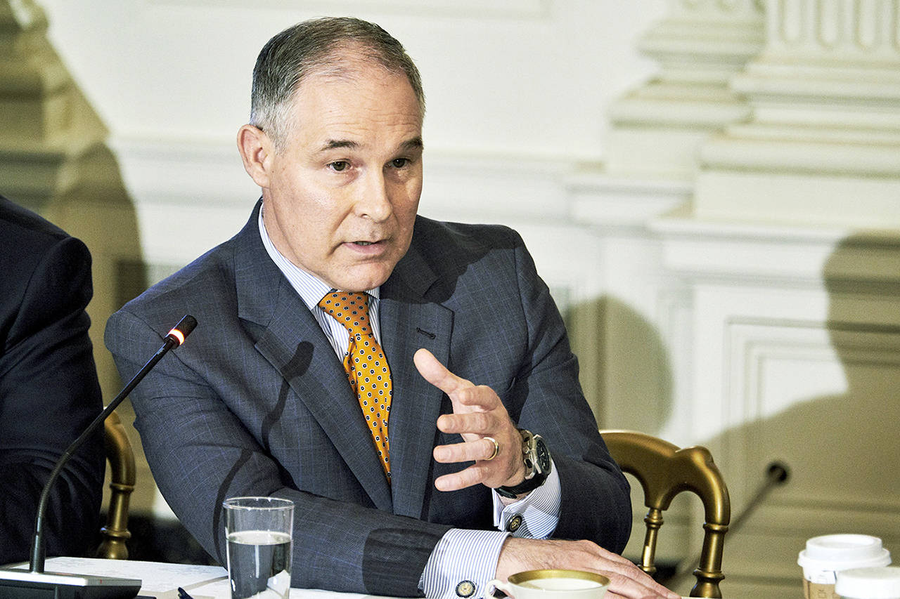 Scott Pruitt, administrator of the Environmental Protection Agency, speaks during an infrastructure initiative meeting with President Donald Trump at the State Dining Room of the White House on Feb. 12. (T.J. Kirkpatrick/Bloomberg)