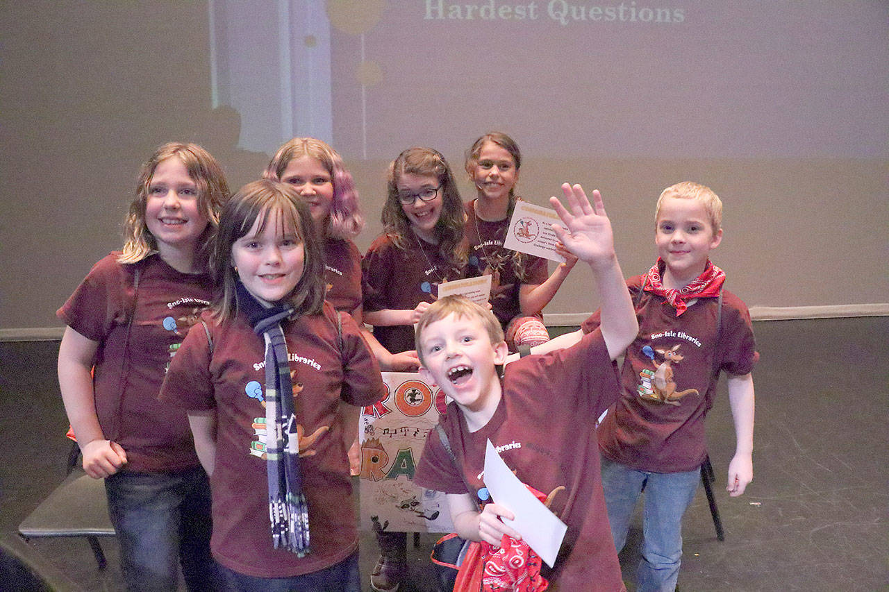 The Stanwood Elementary School Rockin’ Raccoons took first place in the 2018 Sno-Isle Libraries Mega-Fun, Biblio-Trivia, Rockem-Sockem Third Grade Reading Challenge. (Contributed photo)