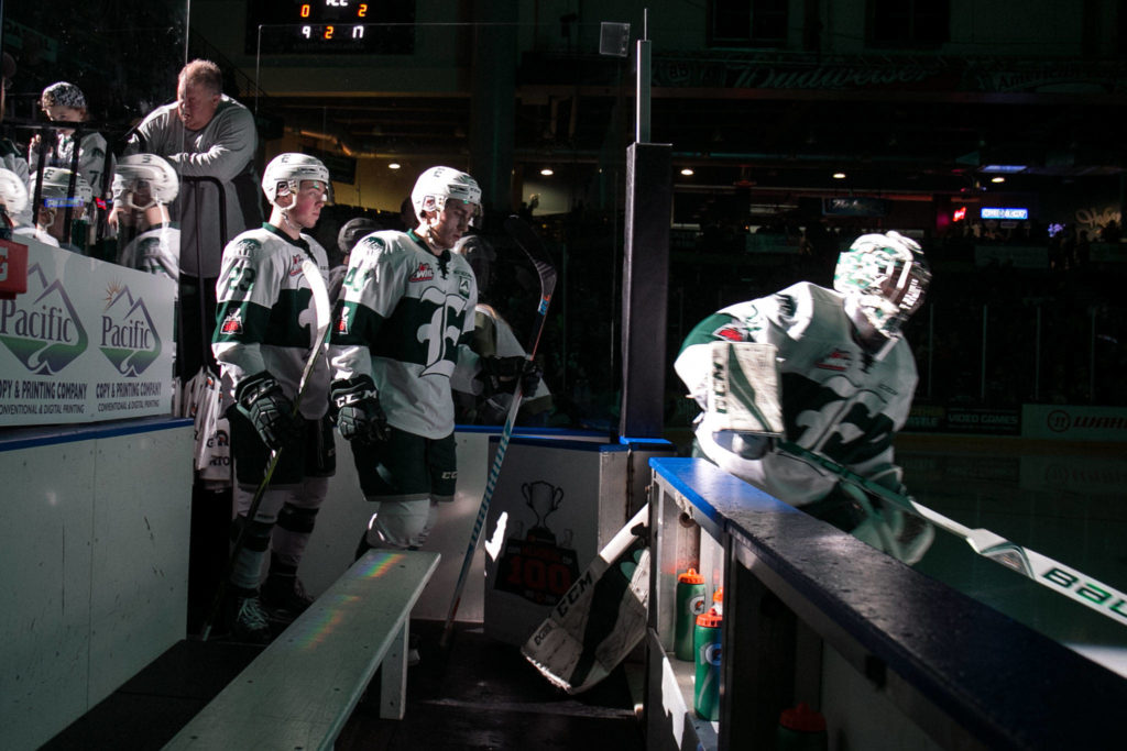 The Silvertips make there way to the ice for the second period during a playff game against the Portland Winterhawks on April 6, 2018, at Angel of the Winds Arena in Everett. (Kevin Clark / The Herald)
