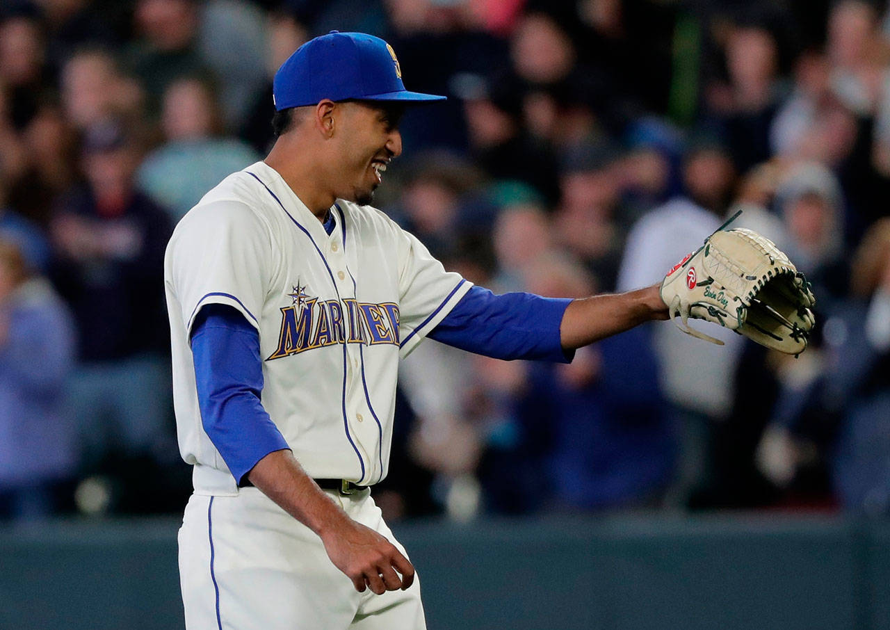 Mariners closer Edwin Diaz smiles on the mound during a game against the Indians on April 1, 2018, in Seattle. (AP Photo/Ted S. Warren)