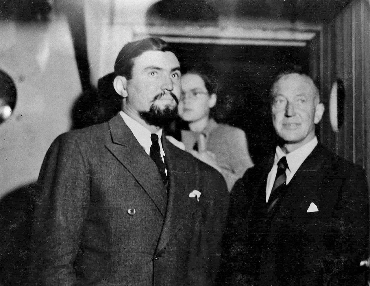 Dr Harmon Rhoads Jr. of Everett (left) with Lincoln Ellsworth on their return from Antarctica. (Courtesy Dr. George Rhoads)