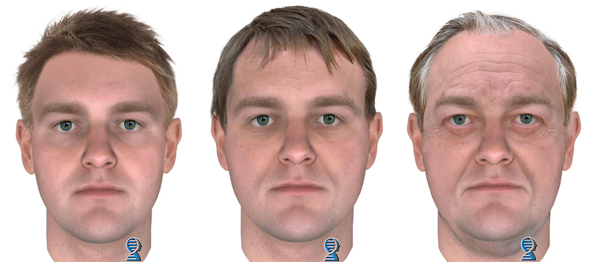 Possible likenesses of the killer of a young Vancouver Island couple based on DNA analysis. From left: age 25, age 45 and age 65 (Parabon NanoLabs)