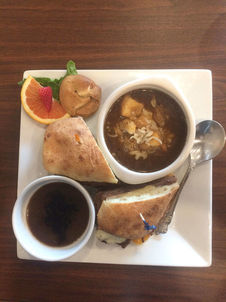 The roast beef sub with au ju for dipping was a recent special of the day. It came with French onion soup. (Evan Thompson/The Herald)
