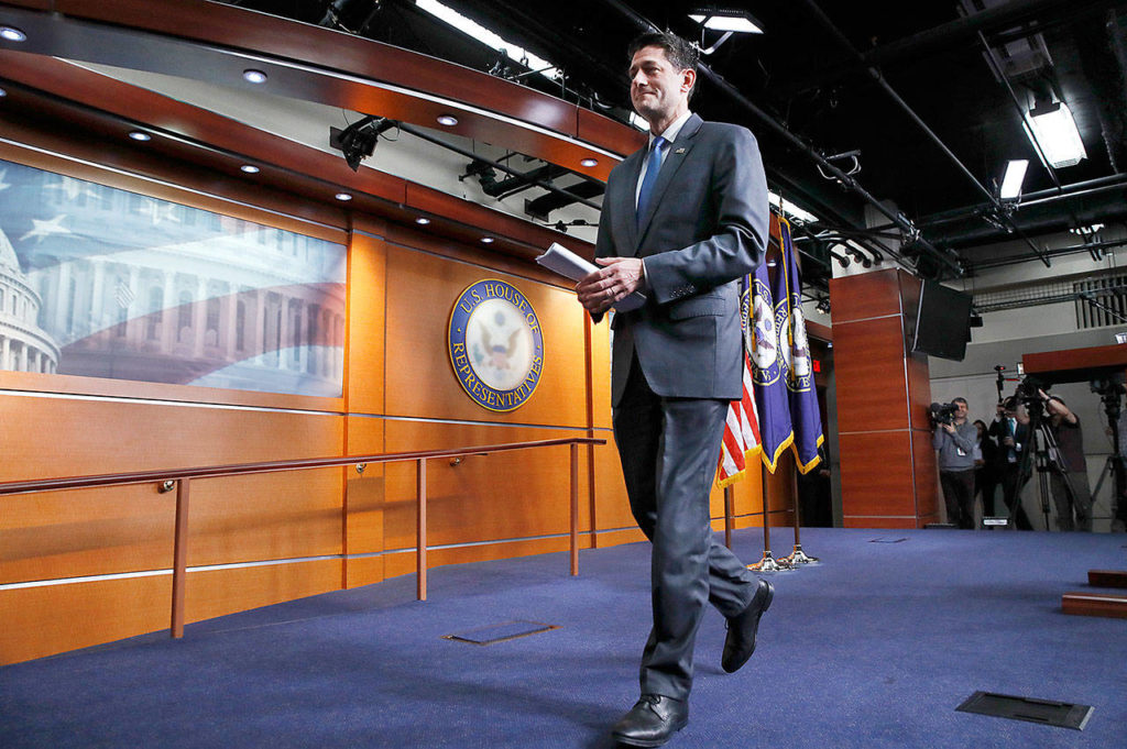 House Speaker Paul Ryan leaves a news conference in Washington on Wednesday after announcing that he will not run for re-election at the end of this term. (AP Photo/Jacquelyn Martin)
