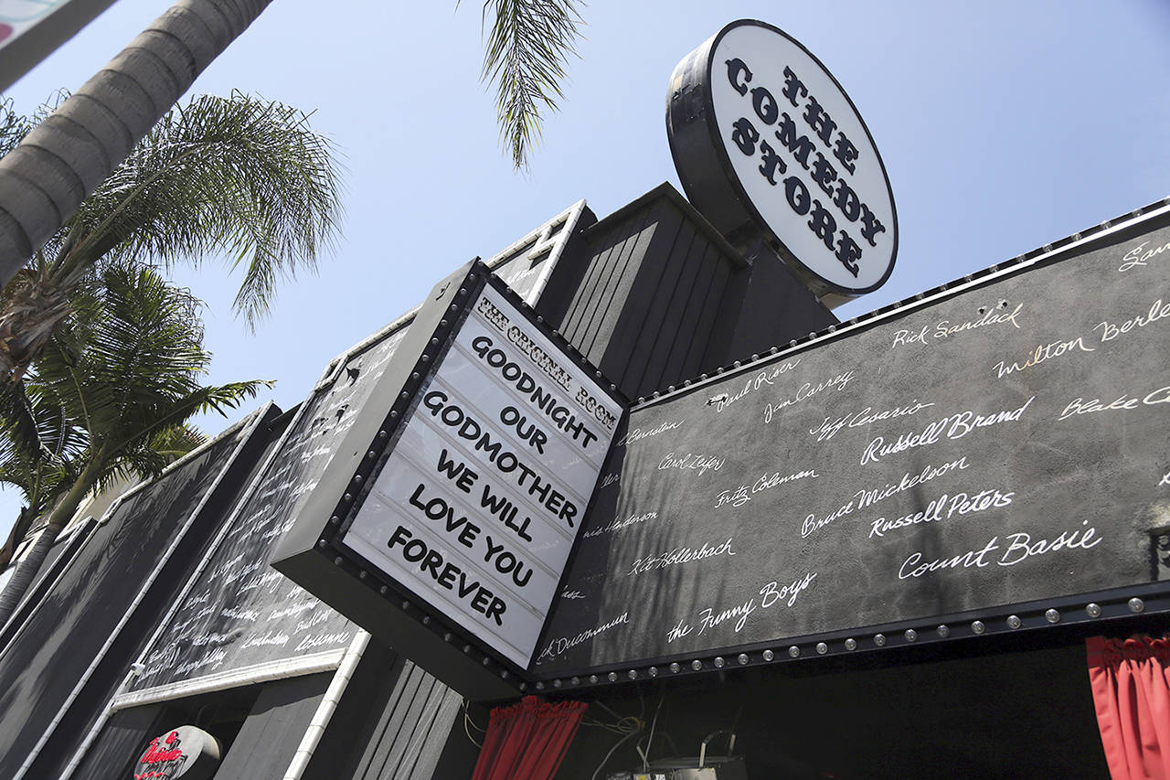 The Comedy Store in West Hollywood, California, adorned with the names of hundreds of great comedians who have passed through its doors, honors founder Mitzi Shore on Wednesday. (AP Photo/Reed Saxon)
