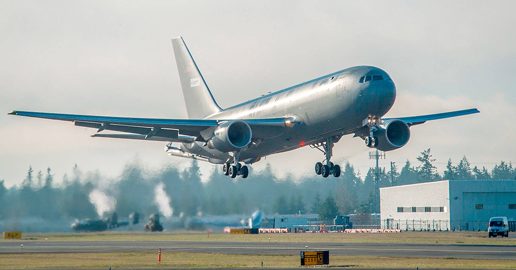 A Boeing KC-46 tanker takes off from Paine Field in Everett on a test flight. (Marian Lockhart/Boeing)