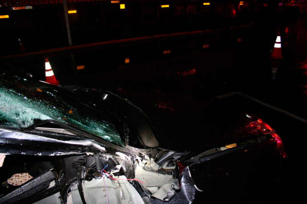 A car was struck by a slow-moving train Wednesday night in Edmonds. Only minor injuries were reported. (Edmonds Police Department)
