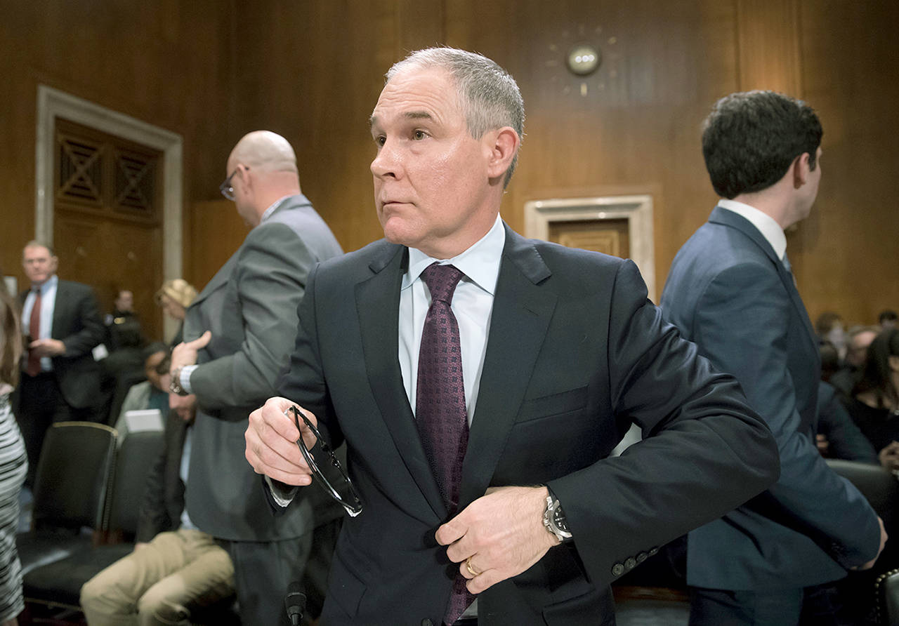 In this 2017 photo, then-Environmental Protection Agency Administrator-designate Oklahoma Attorney General Scott Pruitt is seen on Capitol Hill in Washington at his confirmation hearing before the Senate Environment and Public Works Committee. (AP Photo/J. Scott Applewhite, File)
