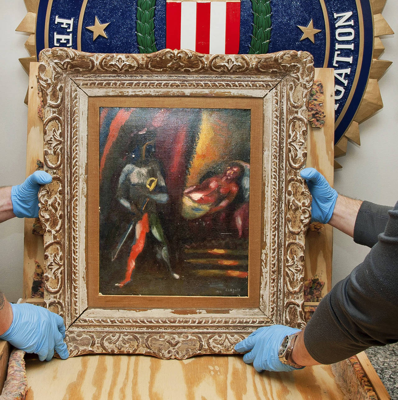 “Othello & Desdemona,” an oil painting by Marc Chagall completed in 1911, was estimated to be worth about $100,000 when stolen from Ernest “Pick” S. Heller and Rose “Red” F. Heller in 1988. (Photo handout from the FBI)