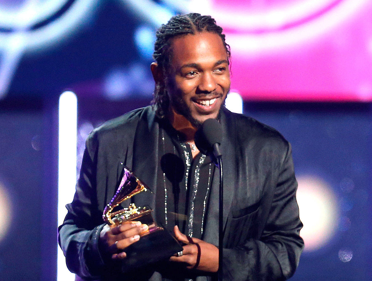 Rapper Kendrick Lamar accepts the award for best rap album for “DAMN.,” at the 60th annual Grammy Awards in New York on Jan. 28. On Monday, Lamar won the Pulitzer Prize for music for the album.” (Photo by Matt Sayles/Invision/AP, File)