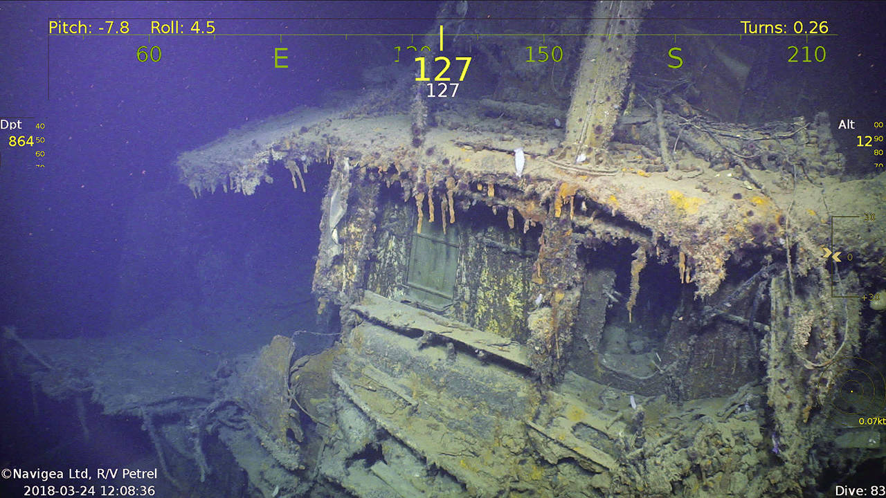 This March 24 photo shows part of the stern section on the light cruiser USS Helena. (Paul G. Allen via AP)