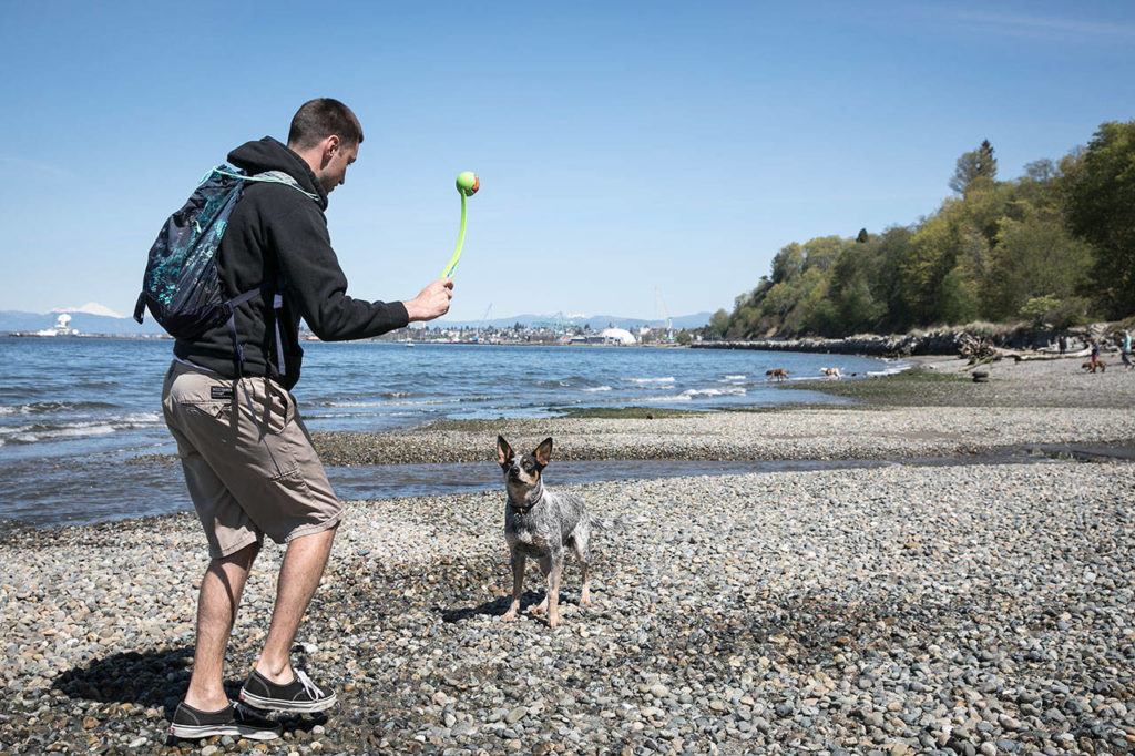 Tyler West and his dog, Blue, enjoy a midday walk Monday at Howarth Park. (Lizz Giordano / The Herald)
