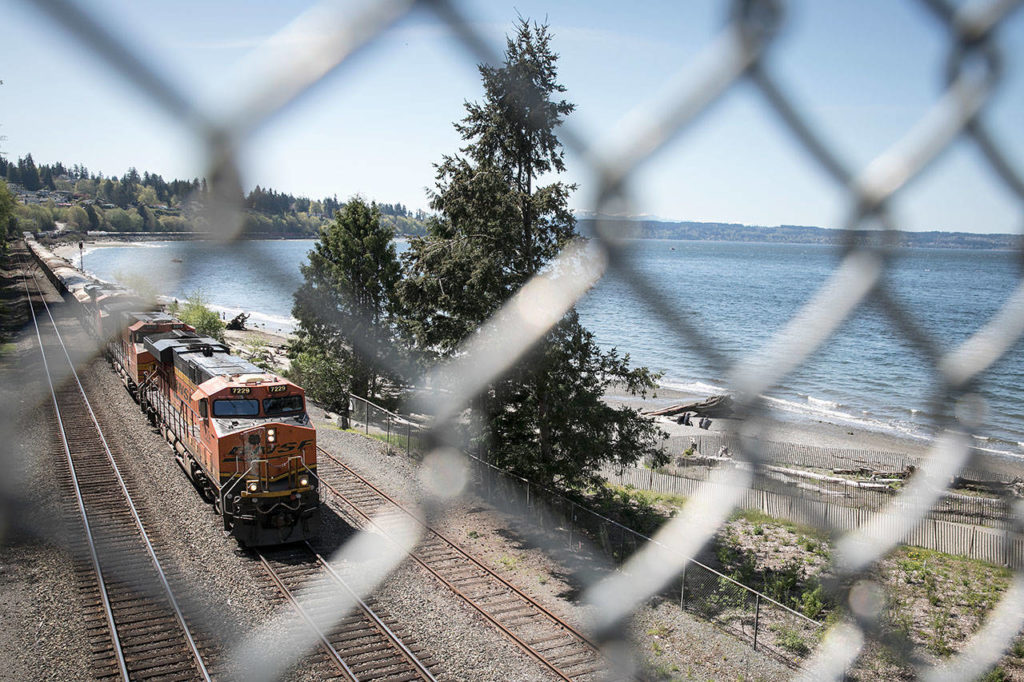 Much of Everett’s waterfront is separated from the rest of the city by railroad tracks and a steep bluff. (Lizz Giordano / The Herald)
