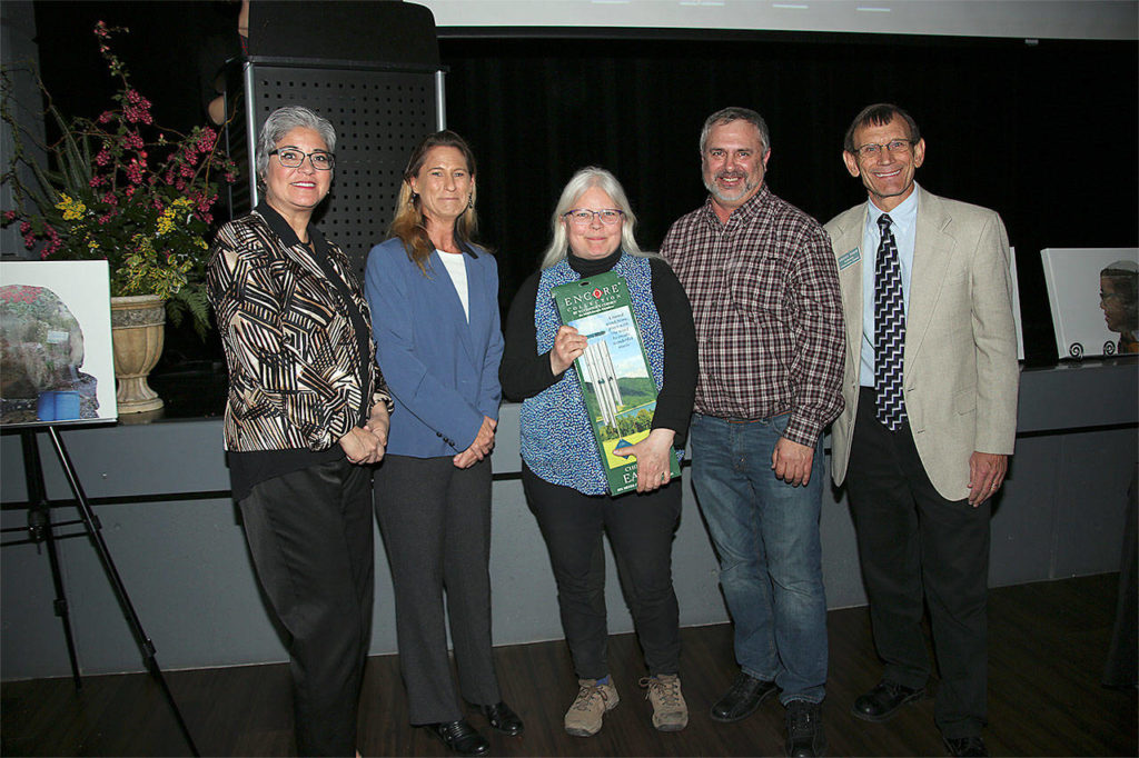 Robyn Smith of Equine Life Solutions in Bothell (center) is named a Conservation Leader of the Year by (from left) Maia Bellon, Washington Department of Ecology director; Stephanie Wright, Snohomish County Council chair; Mark Craven, Snohomish Conservation District Board chair; and Monte Marti, SCD district manager. (Contributed photo)
