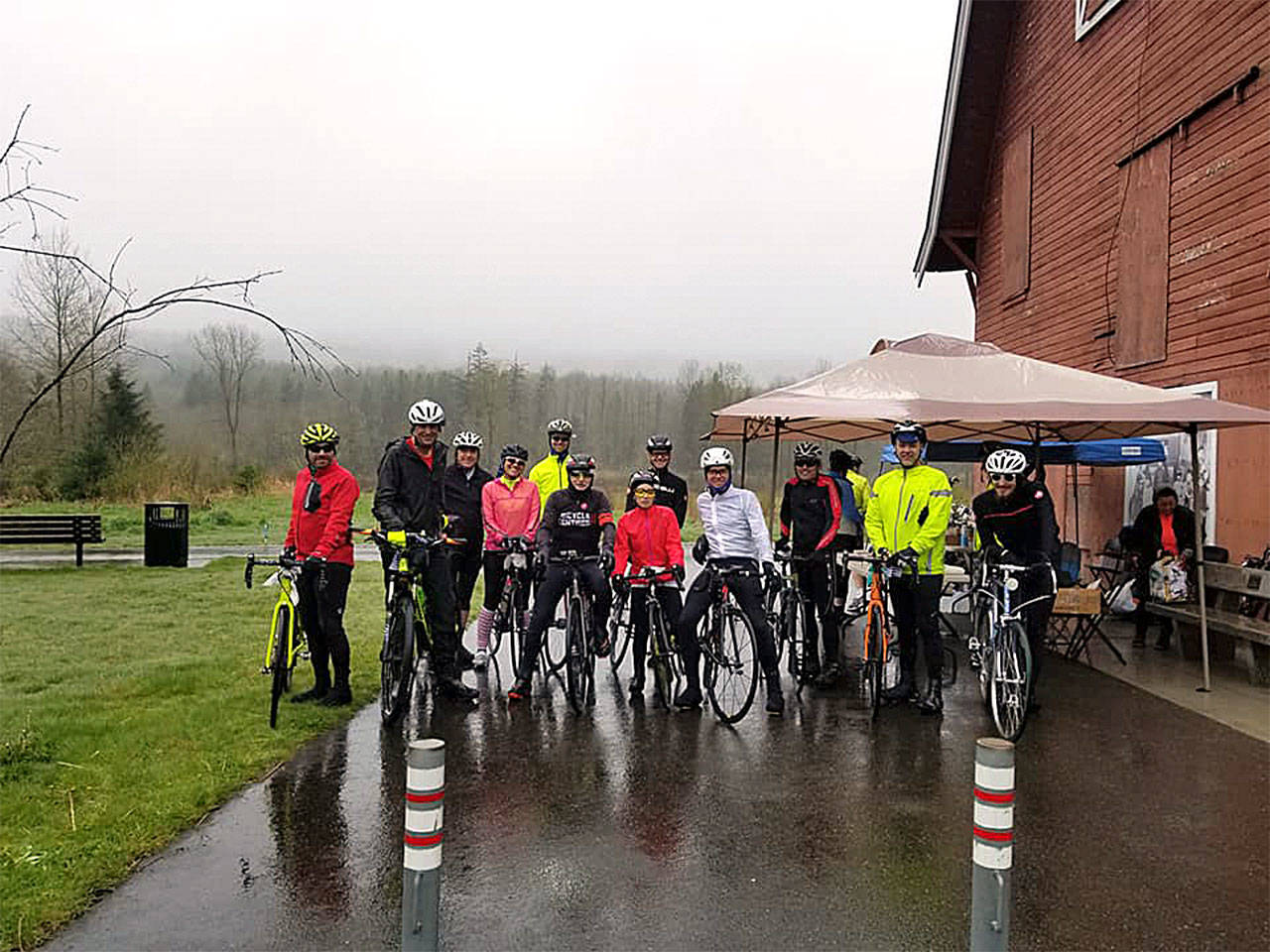 Riders get ready to brave rainy weather for the Dr. Art Grossman Memorial Bike Ride, held April 14 on the Centennial Trail. (Contributed photo)