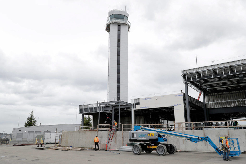 The passenger terminal at Paine Field is being built near the control tower. (AP Photo/Ted S. Warren) 
