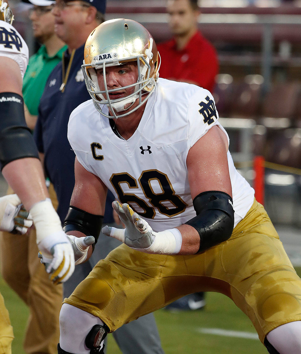 Notre Dame’s Mike McGlinchey warms up before a Nov. 25, 2017 game in Stanford, Calif. (AP Photo/Tony Avelar)