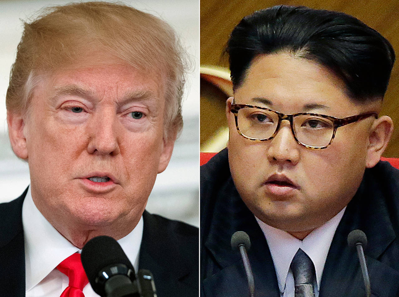 President Donald Trump (left) speaking at the White House on Feb. 26, and North Korean leader Kim Jong Un in Pyongyang in May 2016. (AP Photo/Evan Vucci, Wong Maye-E, File)