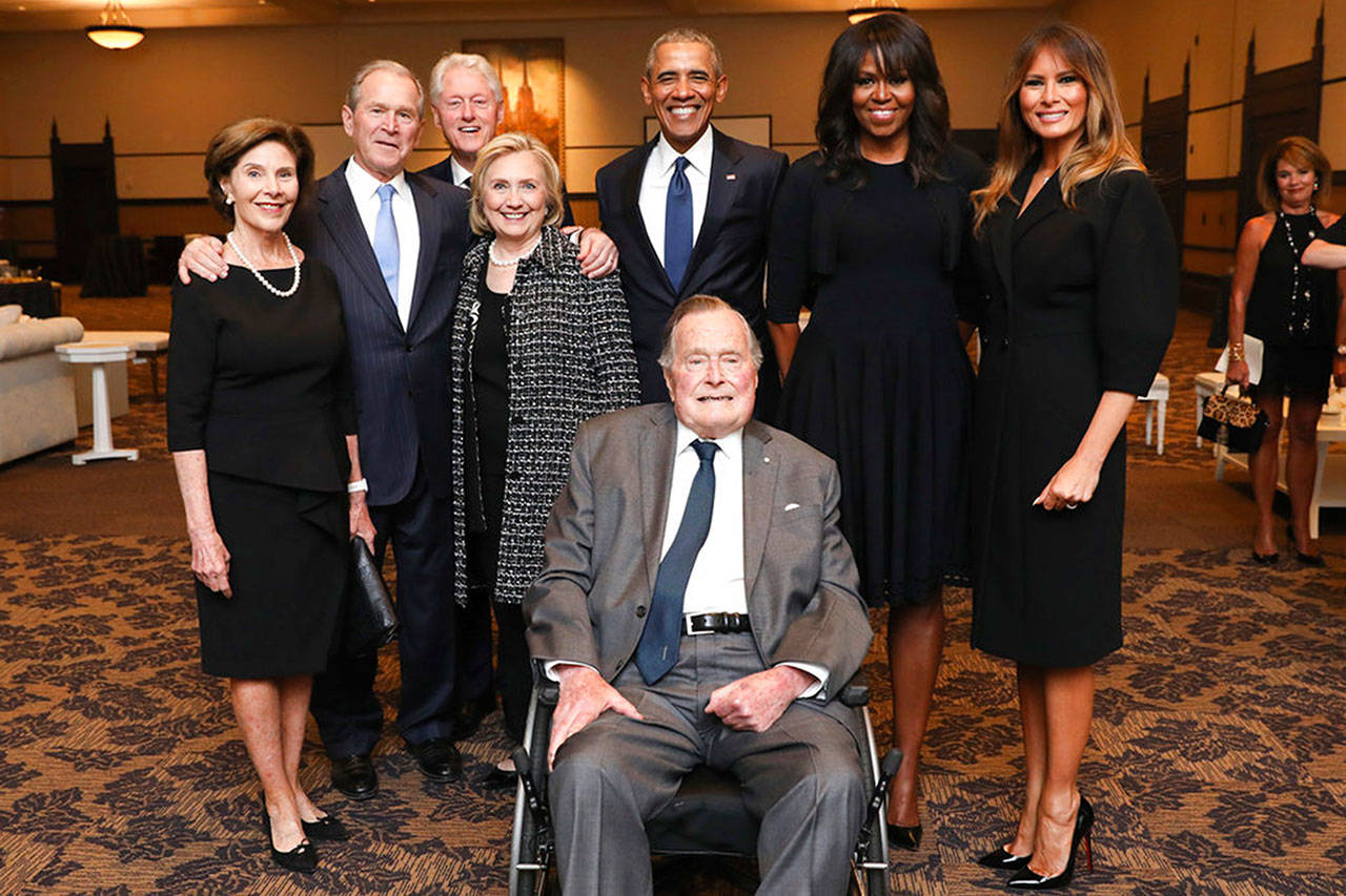 Former President George H.W. Bush (front center) is shown with past presidents and first ladies (from left) Laura Bush, George W. Bush, Bill Clinton, Hillary Clinton, Barack Obama, Michelle Obama and current first lady Melania Trump in a group photo at the April 21 funeral service for former first lady Barbara Bush, in Houston. Barbara Bush died April 17. She was 92. (Paul Morse/Courtesy of Office of George H.W. Bush via AP)
