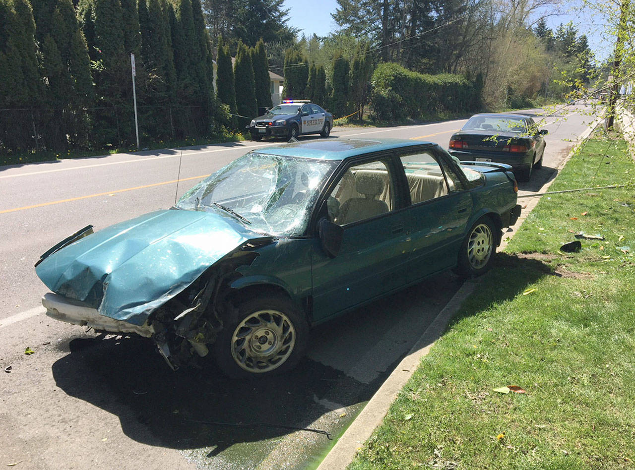 The driver of this stolen car caused three crashes Monday as he fled Snohomish County sheriff’s deputies south of Everett. (Snohomish County Sheriff’s Office)
