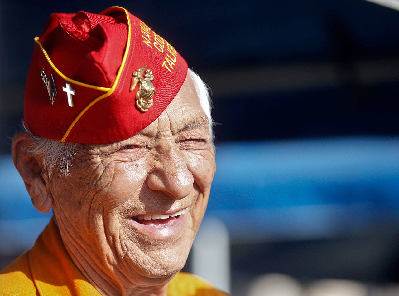 Former U.S. Marine and Navajo Code Talker Roy Hawthorne Sr. listens during a ceremony in 2015 honoring the code talkers’ contribution to the World War II U.S. effort, at Camp Pendleton, California. (Lenny Ignelzi / Associated Press file)