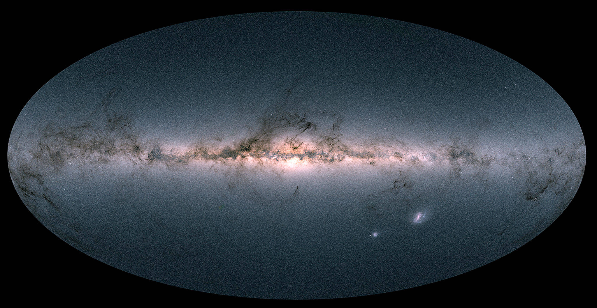 This image is the Gaia satellite’s all-sky view of our Milky Way Galaxy and neighboring galaxies, based on measurements of nearly 1.7 billion stars. The map shows the total brightness and color of stars observed by the European Space Agency satellite in each portion of the sky between July 2014 and May 2016. (ESA via AP)