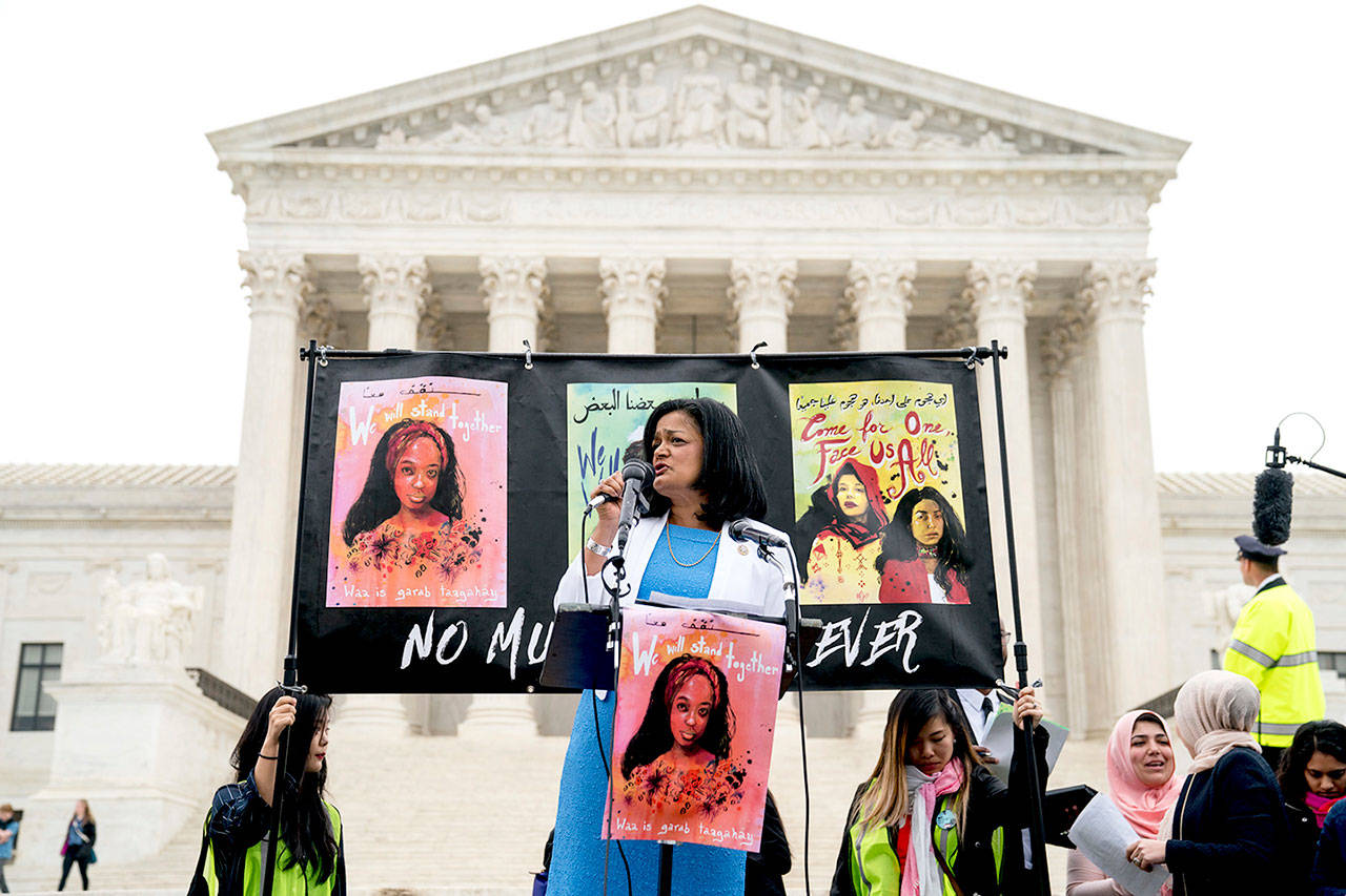 Rep. Pramila Jayapal, D-Wash, speaks at an anti-Muslim ban rally outside the Supreme Court as the court hears arguments about wether President Donald Trump’s ban on travelers from several mostly Muslim countries violates immigration law or the Constitution, on Wednesda in Washington. (AP Photo/Andrew Harnik)