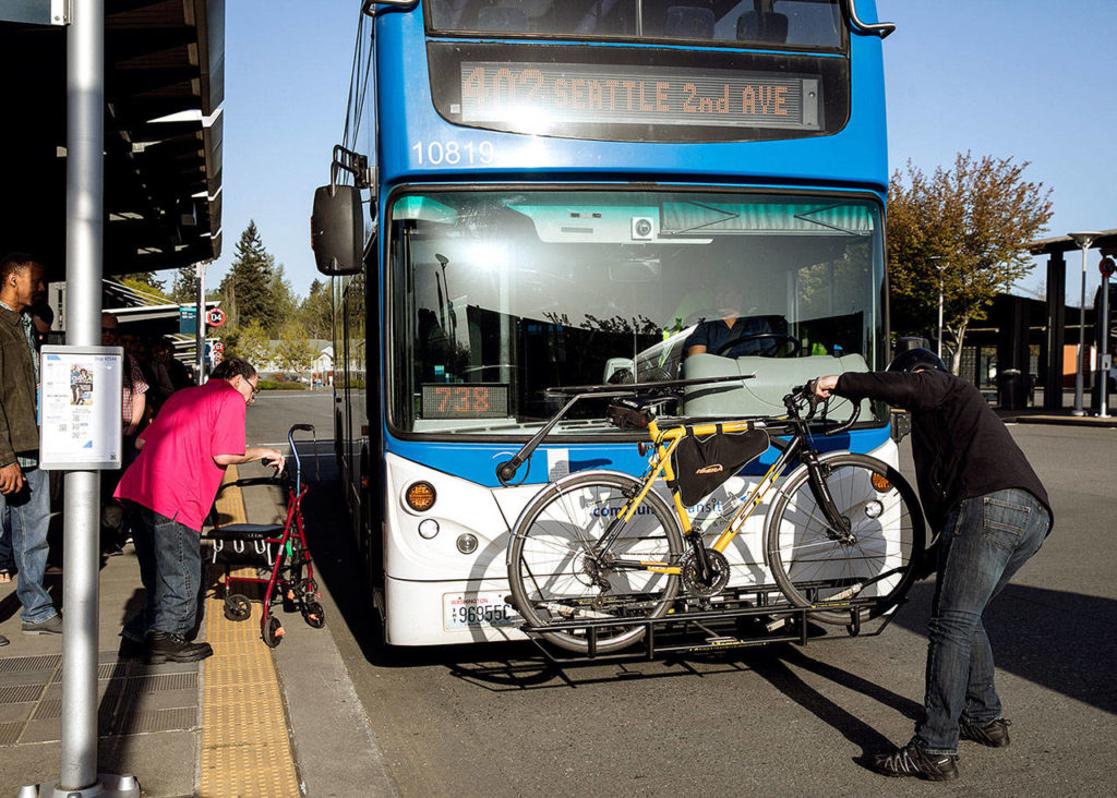 Some skip the stress of looking for parking and instead arrive by bike at the Lynnwood Transit Center. (Lizz Giordano / The Herald) 
