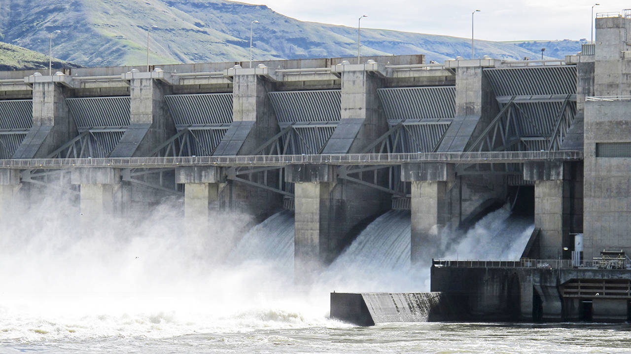 Water moves through a spillway of the Lower Granite Dam on the Snake River near Almota on April 11. (AP Photo/Nicholas K. Geranios)