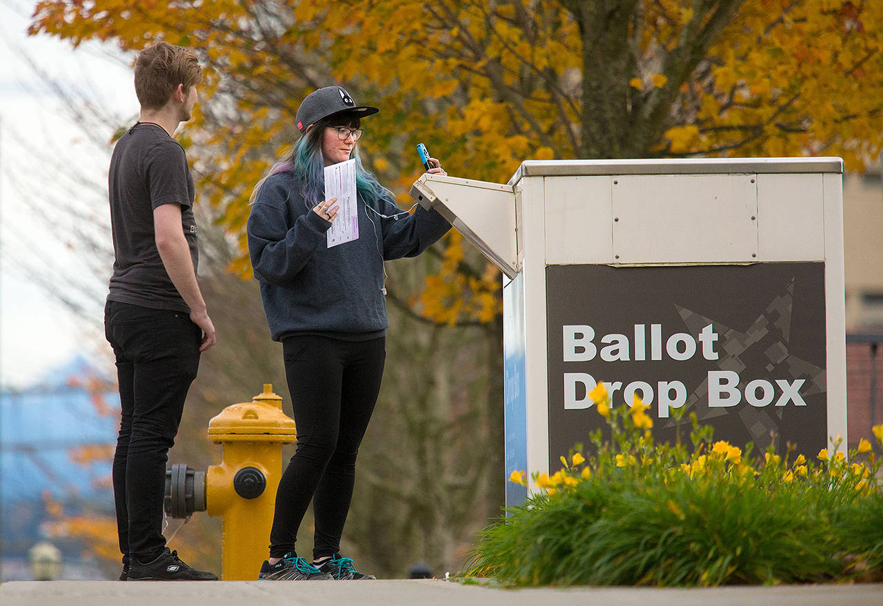 A ballot drop box in Everett. (Andy Bronson / The Herald, 2016)
