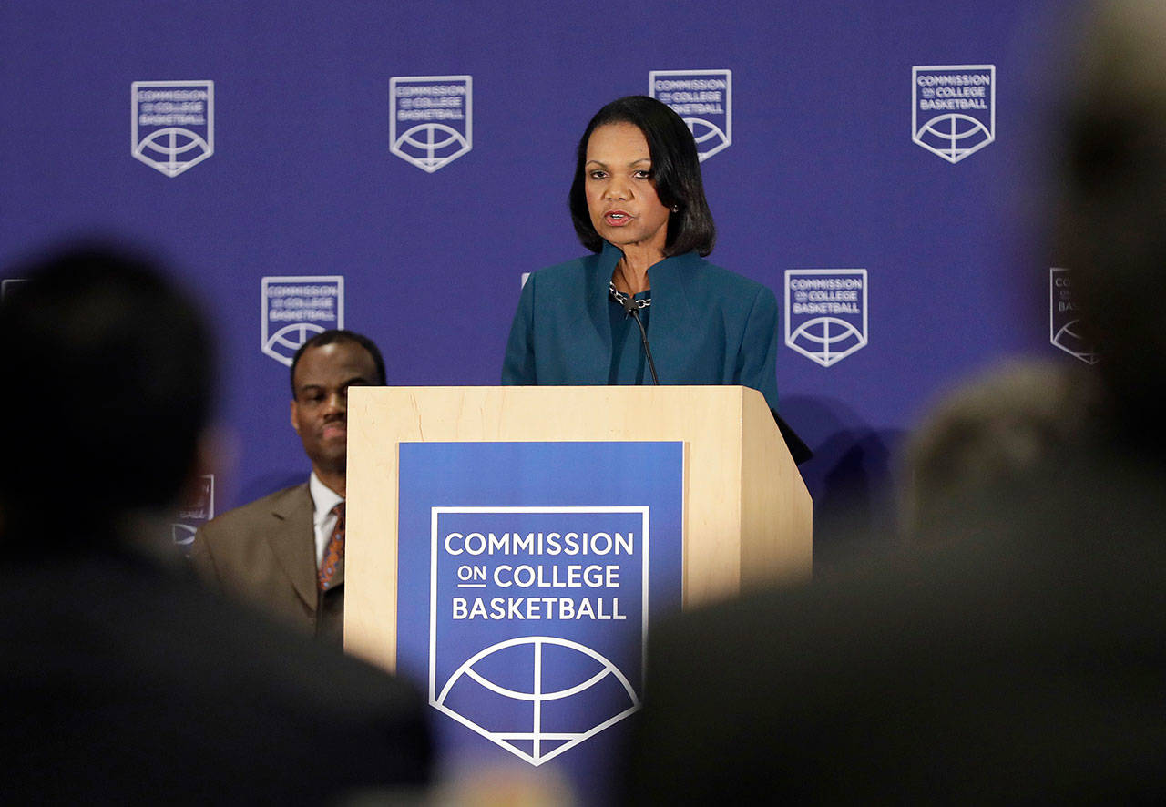 Former U.S. Secretary of State Condoleezza Rice presents the findings of the Commission on College Basketball at the NCAA’s headquarters Wednesday in Indianapolis. (AP Photo/Darron Cummings)