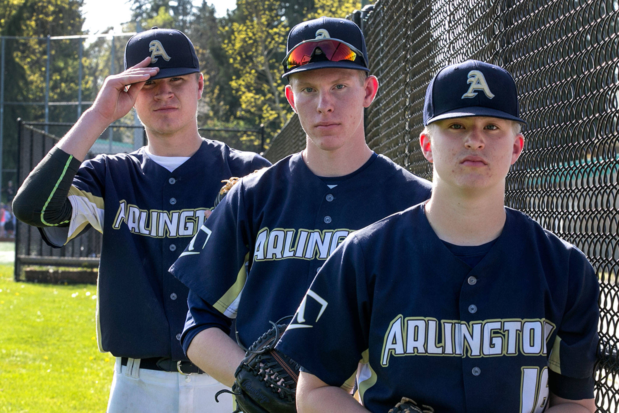 Arlington pitchers (from left to right) Cameron Smith, Owen Bishop and Jacob Burkett have helped the Eagles to an undefeated record in Wesco 3A play. (Kevin Clark / The Daily Herald)