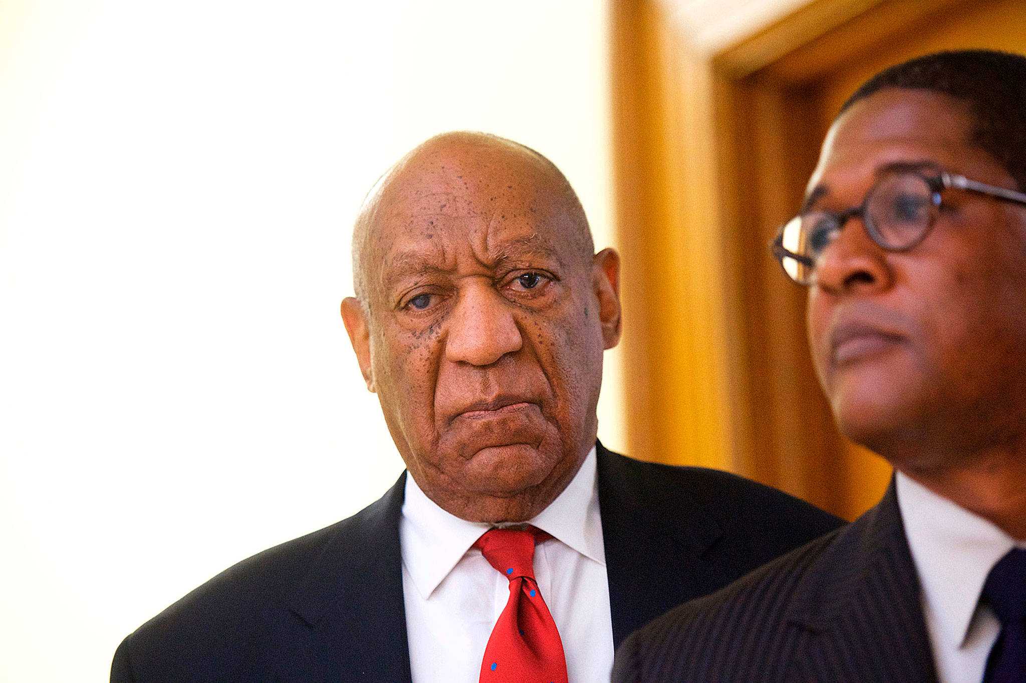 Actor and comedian Bill Cosby reacts as he’s notified a verdict is in in his sexual assault retrial Thursday at the Montgomery County Courthouse in Norristown, Pennsylvania. (Mark Makela)