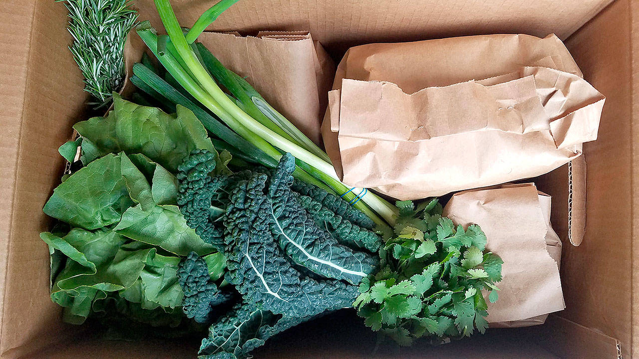 Five dinners worth of groceries in one box, with less packaging than you’d get at the grocery store. (Photo by Jennifer Bardsley)