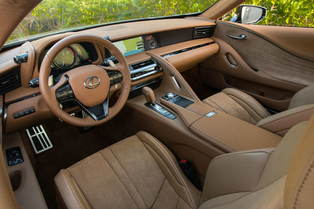 The Lexus LC 500 interior is almost entirely devoted to the driver and front passenger seats and pampering their occupants. (Manufacturer photo)
