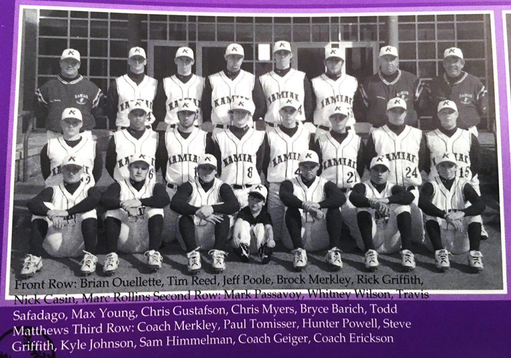 Brian Ouellette played baseball in Mukilteo on teams with both of George Safadago’s sons. Travis Safadago, in the second row, third from left, was an infielder for Kamiak High School. Ouellette, in the bottom left corner, pitched. Ouellette would later become a paramedic. In March he helped to revive George following a cardiac arrest. (Brian Ouellette)
