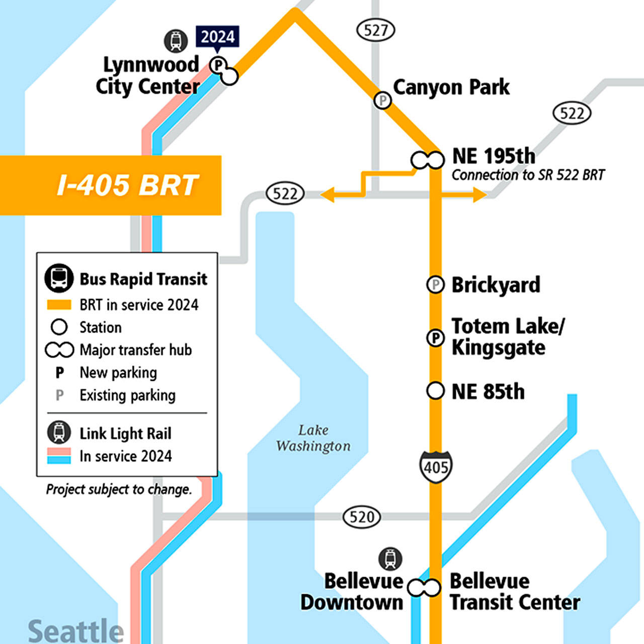 A map of planned bus rapid transit on I-405. (Sound Transit)