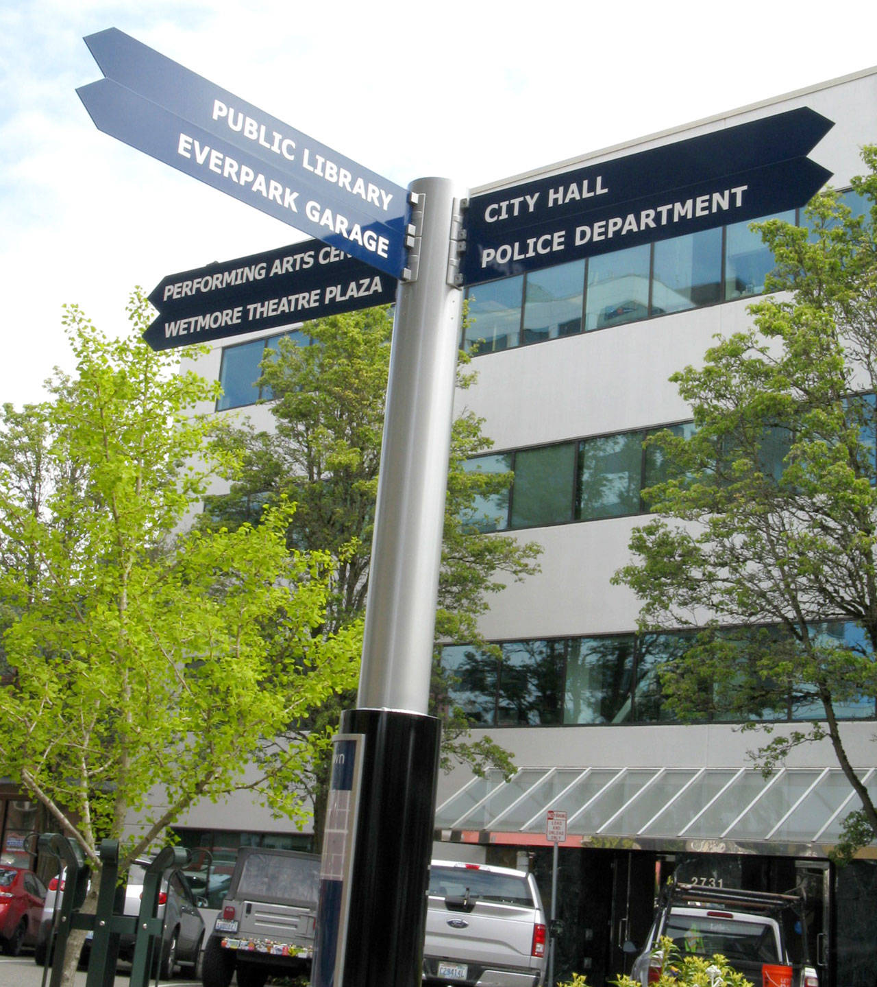 Ten-foot-tall navigational signs for pedestrians were installed in downtown Everett last week. Each features a map. (Downtown Everett Association)