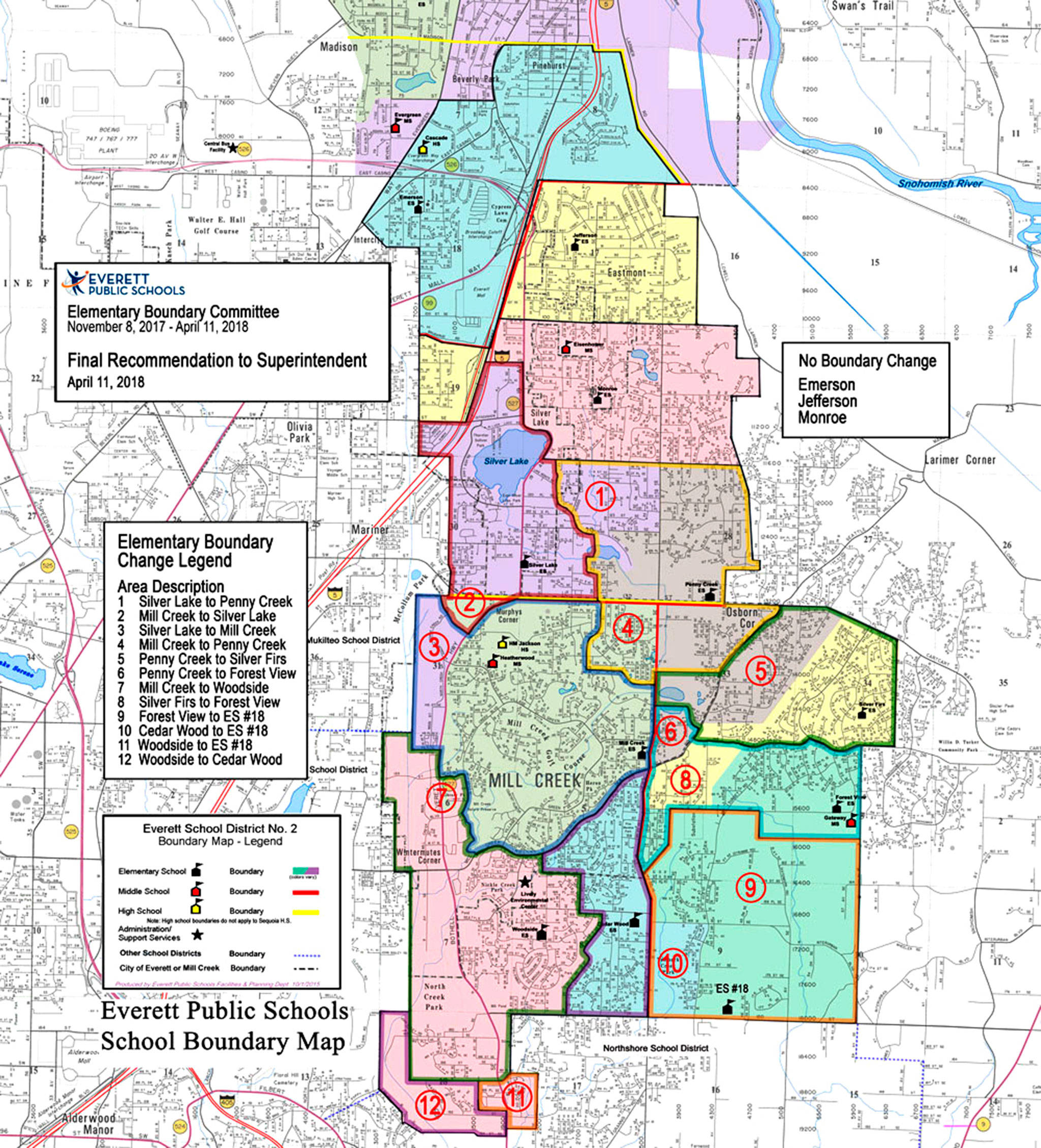 This map shows proposed boundary changes for Everett elementary schools. The changes would take effect in fall 2019, when the district’s 18th elementary is set to open. (Everett School District)