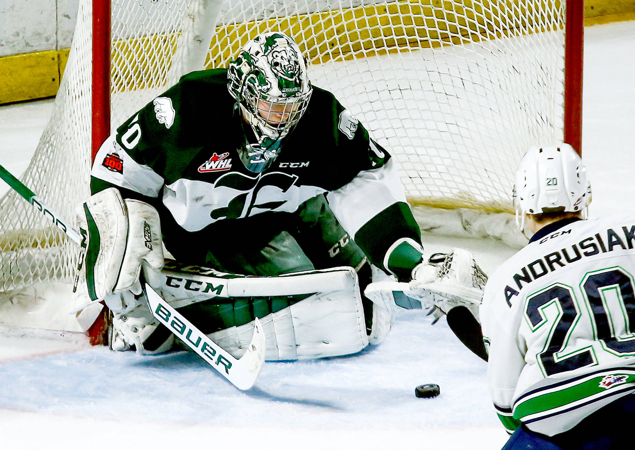 Everett Silvertips goalie Carter Hart eyes the puck during a playoff game against the Seattle Thunderbirds in Kent on March 27. (Ian Terry / The Herald)