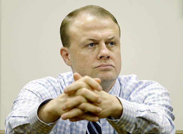 Tim Eyman is shown during a court hearing in King County Superior Court in Seattle in 2016. (AP Photo/Elaine Thompson, file)