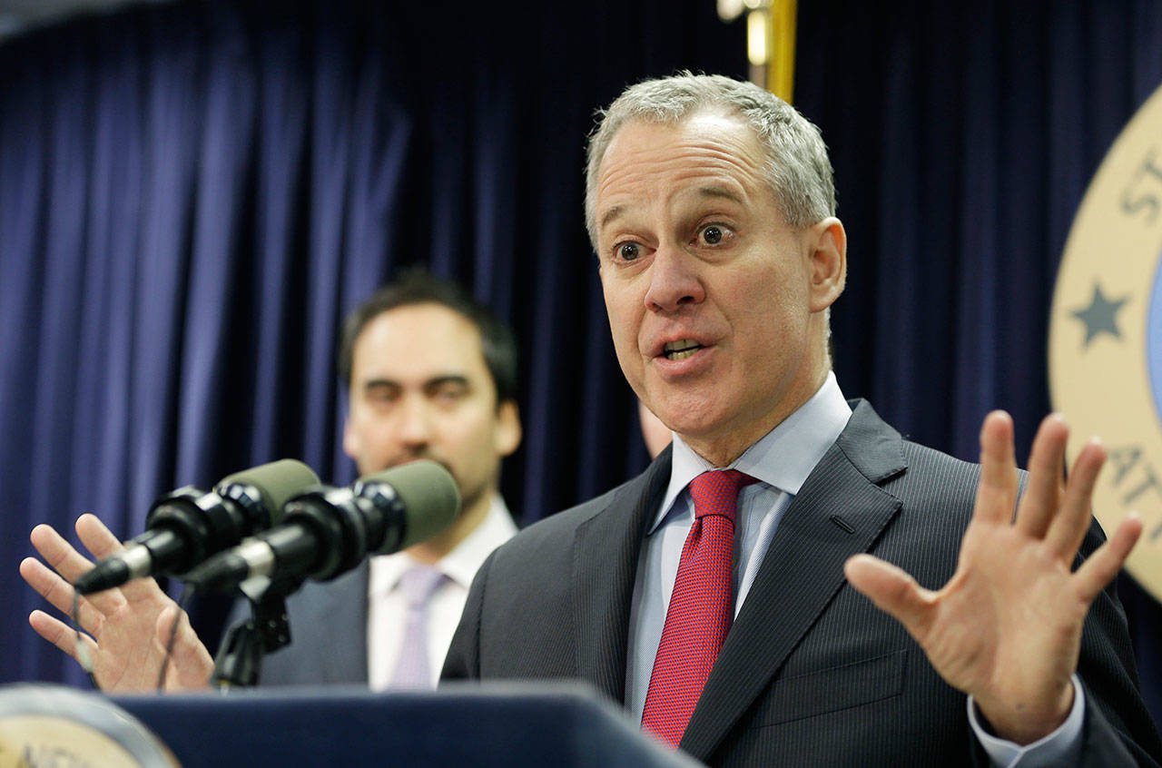 In this 2016 photo, New York Attorney General Eric Schneiderman speaks during a news conference in New York. (AP Photo/Seth Wenig, File)