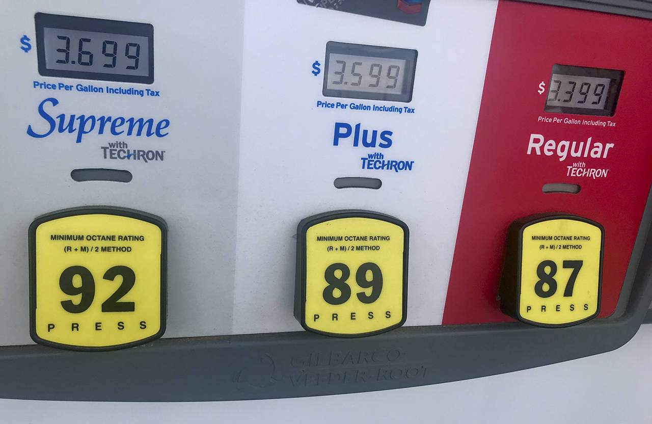 On Tuesday, regular gas was $3.39 a gallon at the Forest Park Chevron at Rucker Avenue and 41st Street in Everett. (Andrea Brown / The Herald)
